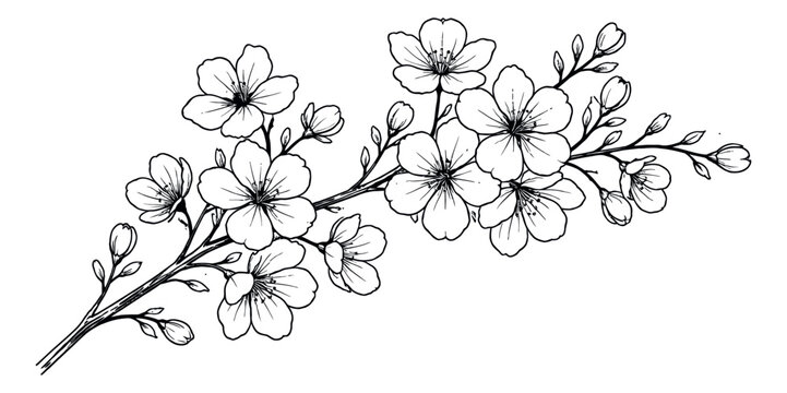 Hand drawn line art illustration of a cherry blossom branch depicting delicate blooming flowers and buds for spring designs