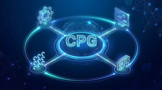 CPG Consumer Packaged Goods Digital Technology Concept &ndash; Holographic Globe with Gear, Analytics Monitor, Payment System, and Data Icons Connected by Glowing Network Lines on Dark Blue Background.
