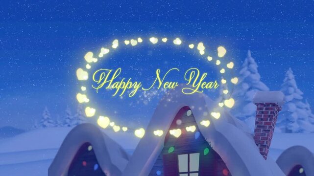 Animation of happy new year text with fairy lights over snow falling and winter landscape