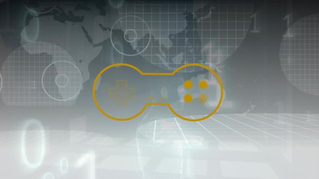 Animation of game controller and binary codes over grid pattern in circles against map in background