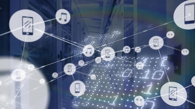 Animation of connected icons and binary codes on dots against server room in background
