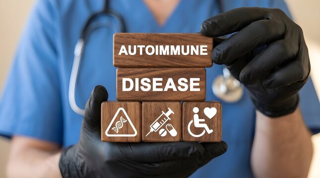Autoimmune Disease Medical Concept &ndash; Doctor in Blue Scrubs with Black Gloves Holding Wooden Blocks Showing DNA Genetics, Injection Treatment and Disability Care Icons