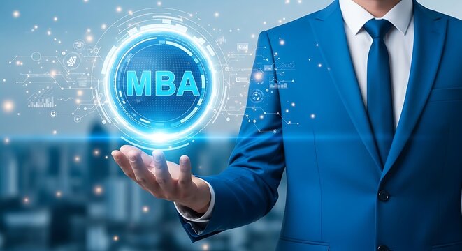 Professional man presents a luminous MBA hologram, embodying advanced business education, digital learning, and future career opportunities in a dynamic corporate world