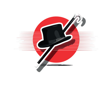 A black and white vintage circus ringmaster hat and cane placed diagonally, layered with a bold red circular frame behind the objects and thin horizontal lines