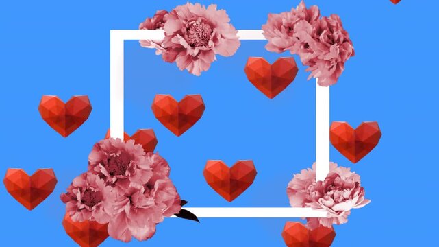 Animation of floral banner with copy space over red heart icons floating against blue background
