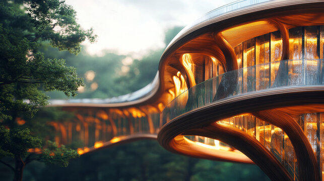 Glowing streamlined modern architectural design in the forest