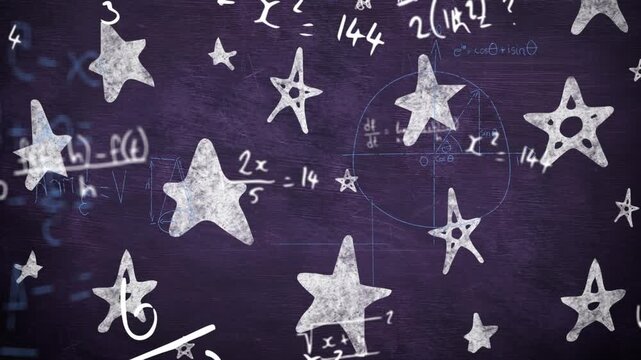 Animation of mathematical equations over star shaped icons against chalkboard background