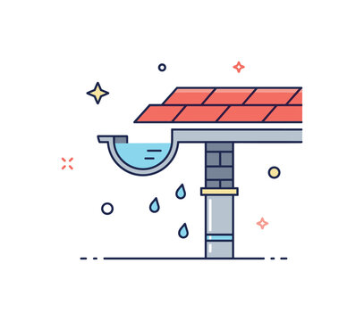 Roof gutter drainage simplified roof edge with gutter channel guiding rainwater into a downspout, representing practical building design and runoff management.