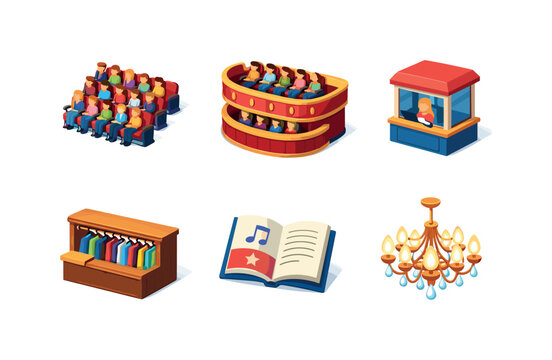 Concert Audience. Isometric flat vector icons set of Concert Audience: seated audience rows, balcony theater seating section, ticket booth window, coat check