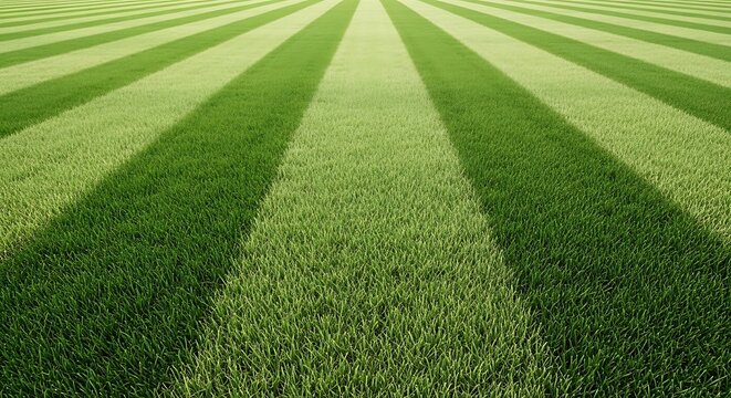 Perfectly manicured green lawn with bright parallel stripes of freshly cut grass, implying precision and care in garden maintenance
