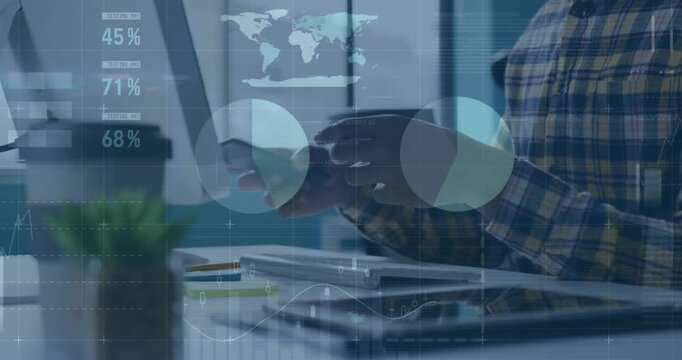 Animation of statistical data processing against mid section of man using smartphone at office