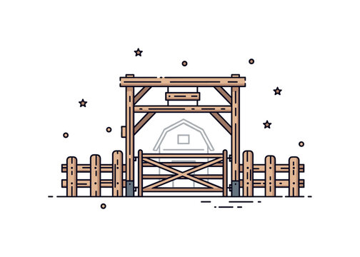 Traditional farm gate for pigsty depicting a weathered wood style entrance framed by short fence posts and a subtle barn outline, conveying authenticity and