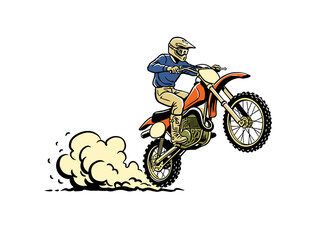 Obraz premium Motocross racing design. Extreme dirt bike wheelie artwork. Motorcycle graphic for t shirt, poster, and background. Offroad adventure. Speed riding.