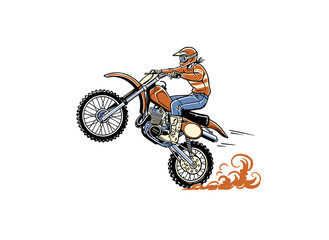Fototapeta premium Motocross dirt bike artwork for t shirt. Vintage racing design. Extreme sports apparel graphic. Off road motorcycle illustration. Dirt rider wheelie.