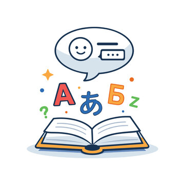 Learning a new language capturing the early stage of language study as alphabet symbols float around an open book while a speech bubble forms above