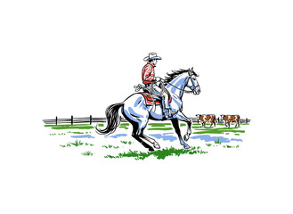 Fototapeta premium Cowboy riding horse vintage artwork for t shirt. Ranch life illustration. Western adventure graphic. Wild west rodeo design. Horseman in field.