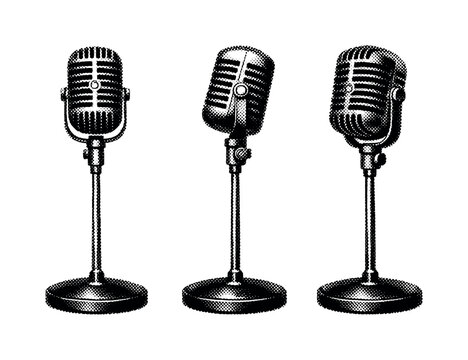 Vintage microphone with stand. Black and white dot style with halftone texture and high contrast. Halftone texture with partial solid black fills smoothly
