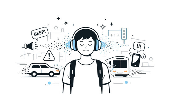 Urban noise defense. A person standing in a busy city scene while traffic and alerts dissolve near headphones. Modern coping strategy for sensory overload in