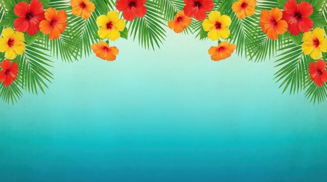 Summer tropical garlands featuring vibrant hibiscus flowers in red, yellow, and orange against a soft blue gradient background