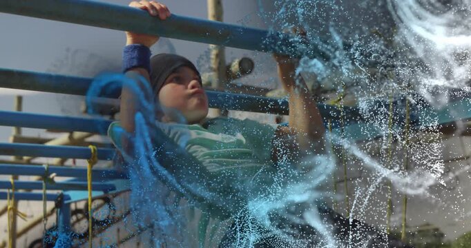 Boy gripping metal bar pulling up for chinup with blue fluid swirling around torso boosting fitness