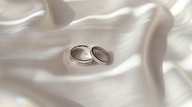 Classic bridal rings. Close-up of bridal rings on white satin folds. Diamond wedding band. Minimalist wedding jewelry scene with two rings on white satin.