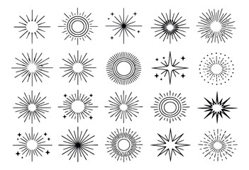 Obraz premium Line art burst elements set featuring diverse sunbursts and starbursts with radial lines for celebration and decoration designs