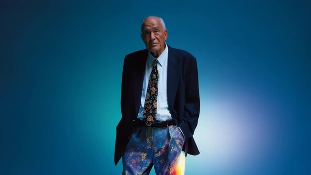 Elderly caucasian male in colorful pants against a blue background