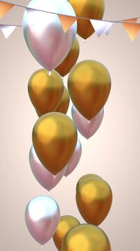 Happy birthday congratulation video with chocolate cake, golden and white balloons flying up and confetti falling down. Anniversary celebration loop animation