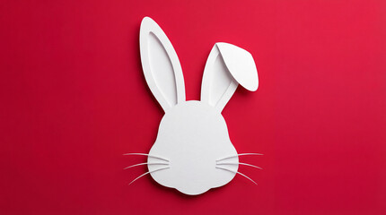 Fototapeta premium Minimalist White Rabbit Head Cutout on Vibrant Red Background for Celebration Design