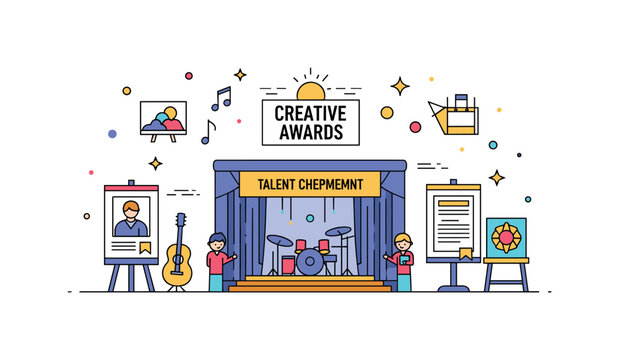 A creative awards ceremony with art, music, and design elements showcased on stage, highlighting achievement, talent, and celebrated accomplishment. Minimalist