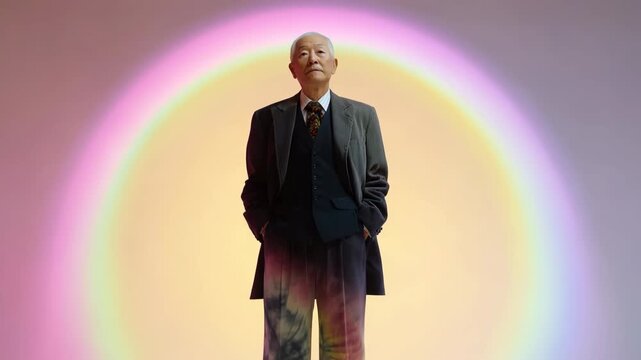 Elderly asian man in colorful attire standing against gradient background