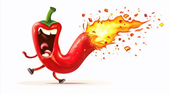 Cartoon chili pepper character running, flames erupting, white background. Stock photo for food illustration