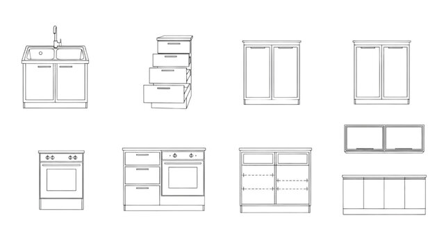 Technical Drawing Outlines of Various Kitchen Furniture and Fixtures Collection