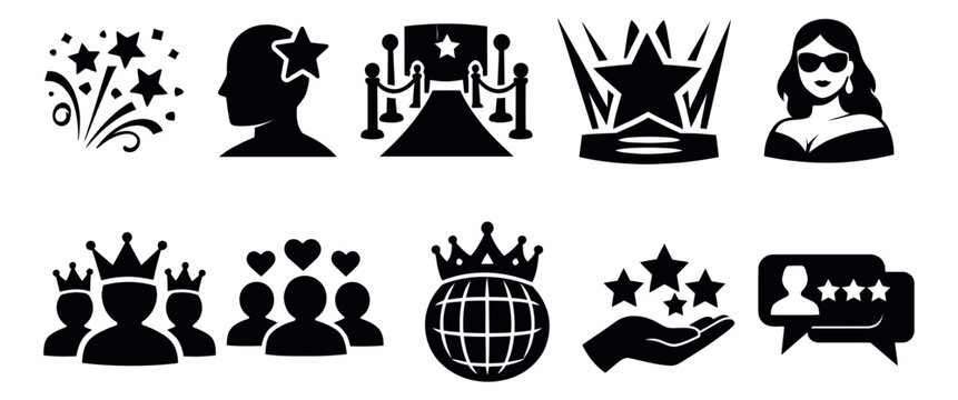 Modern silhouette recognition and fame set featuring stars, awards, red carpet, and celebrity icons for business and social media design