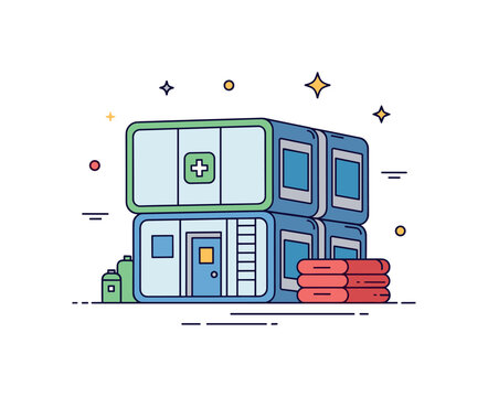 Disaster relief modular shelters compact emergency housing unit with a subtle cross symbol and stacked modules ready for quick deployment. A focused visual