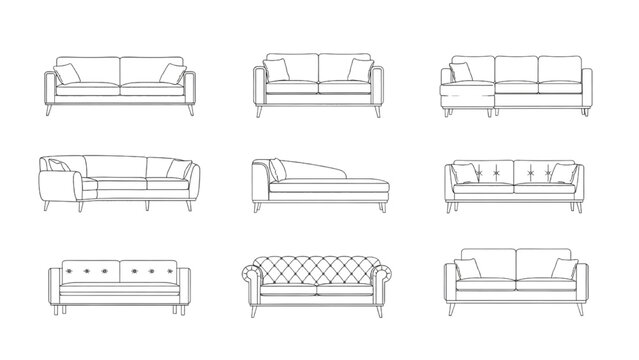 Collection of sofa illustrations for interior design and furniture catalogs