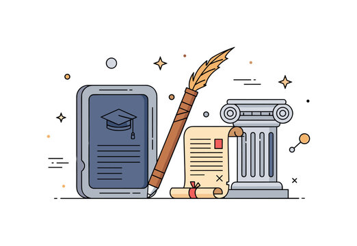 Ancient education systems stone tablet and reed stylus placed beside a small classical column and scroll, expressing the origins of structured learning and