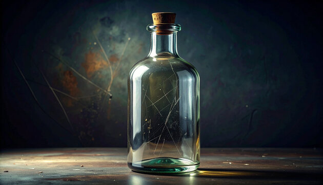 Clear glass bottle with cork stopper on wooden surface dark background