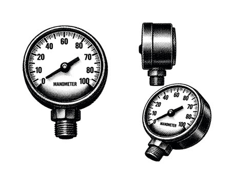 Vintage mechanical manometer with round dial. Black and white dot style with halftone texture and high contrast. Halftone texture with partial solid black