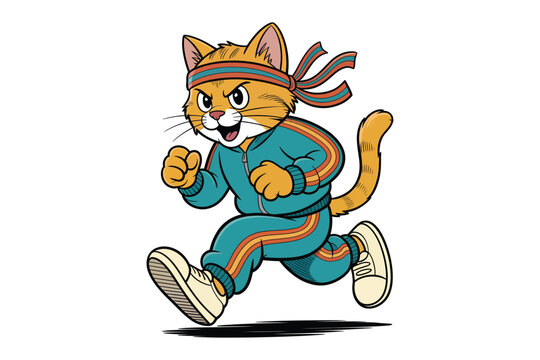A determined cartoon cat wearing a tracksuit and headband is mid run showcasing a dynamic pose on transparent background high-quality.