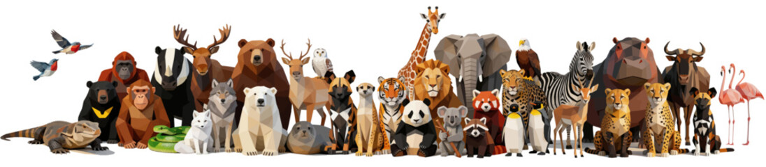 Obraz premium Wild Zoo Animals . A group of cartoon design graphics unique banner. Various endangered and rare wild animals gather together. Suitable for animal protection and environmental protection