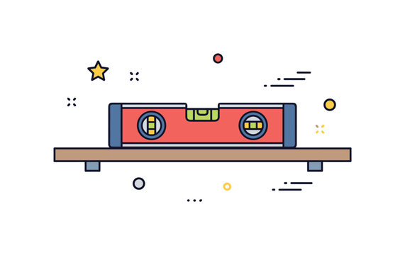 Floating shelf leveling moment illustrated by a bubble level tool resting on a straight shelf line, symbolizing balance and careful craftsmanship. The badge