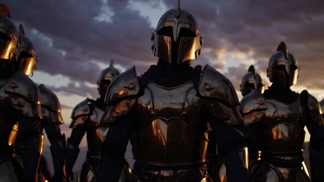 Armored knight stands in formation. Shining metallic armor and helmet reflect sunset light. Silent warrior and soldier pose for impending battle. Massed army evokes medieval conflict and discipline.