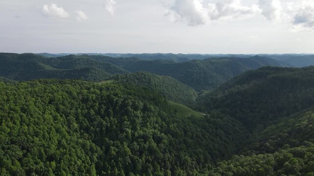 Aerial drone footage of Appalachian mountains in West Virginia with scenic forest landscape.