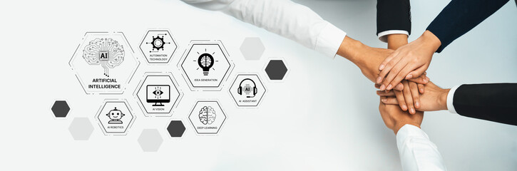 Obraz premium Hands symbolize teamwork in the artificial intelligence sector, showcasing collaboration and innovation while integrating visual elements that represent technology and growth. Trope