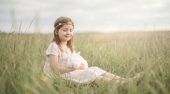 Young Girl with Eyes Closed Embrace White Rabbit in Sunny Green Meadow at Golden Hour Sunset
