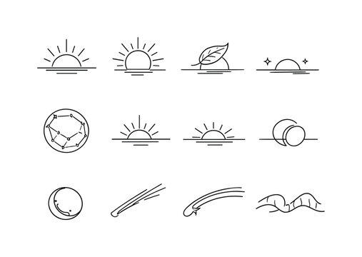 Seasonal and Observable Sky Events. Minimalistic set one-line drawing spring equinox sun, summer solstice sun, autumn equinox leaf and sun, winter solstice