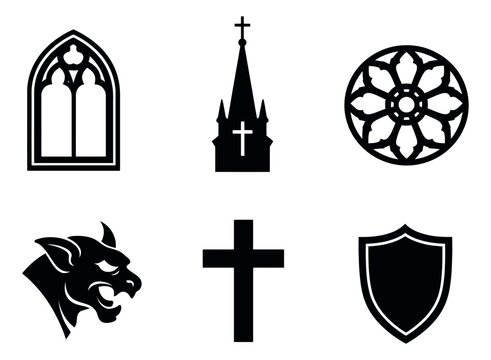 Gothic themed icons set featuring a church window, steeple, rose window, gargoyle, cross, and shield for design projects