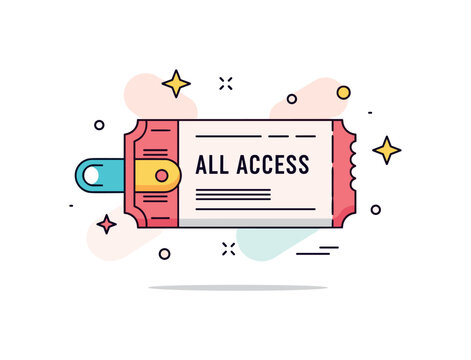 Festival access pass showing a vibrant ticket with wristband loop detail and ?All Access? caption. Minimal star accents and subtle glow shapes create a dynamic