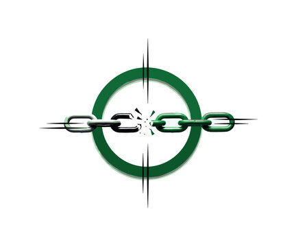 Black and white broken chain transforming into intact chain link, framed by bold green circular ring and intersecting thin black lines symbolizing restored
